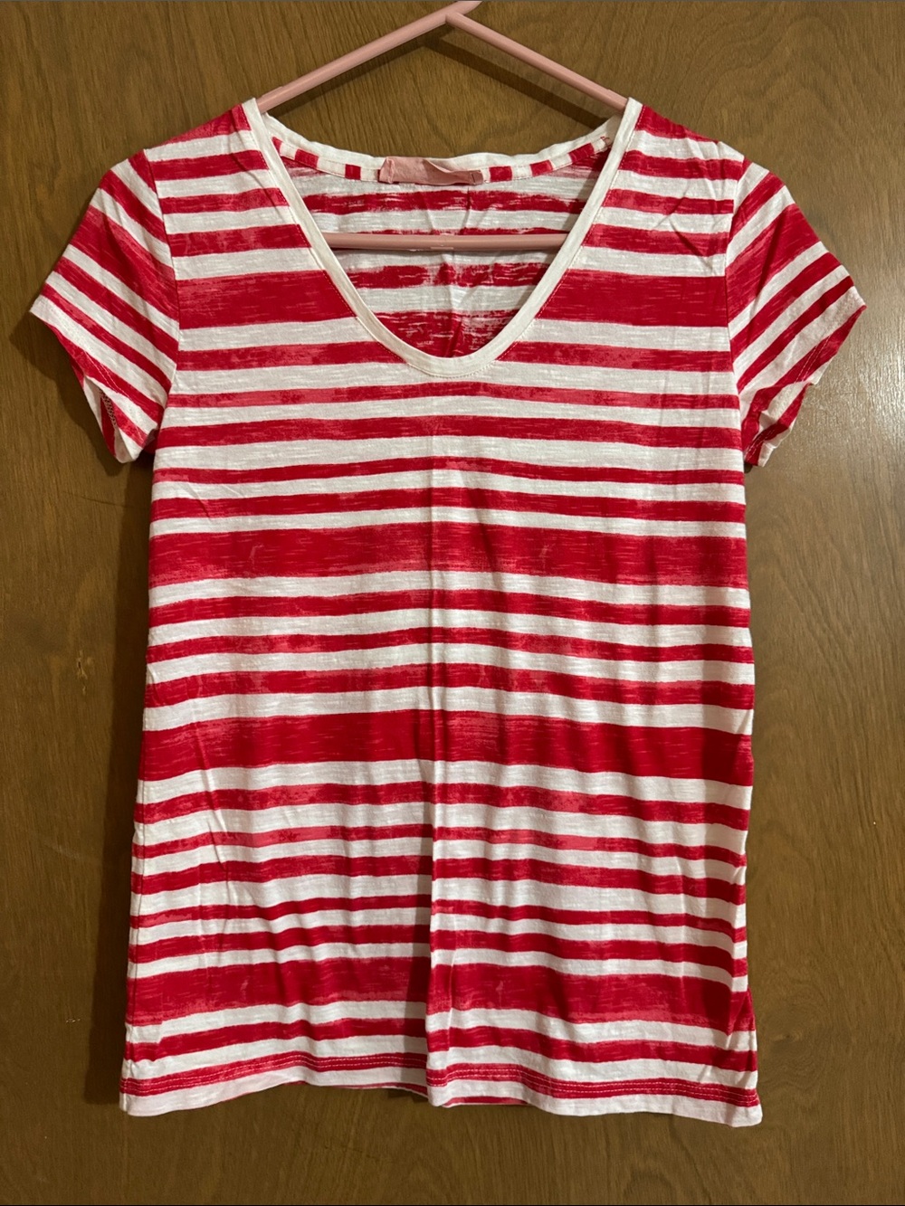 LOFT Red and White Striped V-Neck Short Sleeve Tee